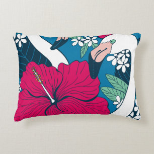 Tropical Flamingos: Hibiscus Plumeria Background. Accent Pillow