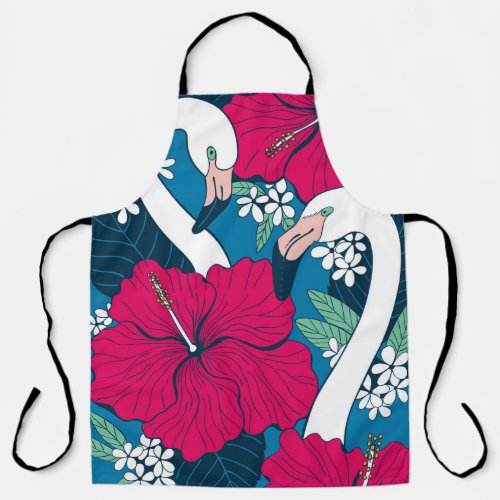 Tropical Flamingos Hibiscus Plumeria Background Apron