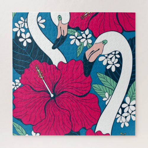 Tropical Flamingos Hibiscus Plumeria Background Jigsaw Puzzle