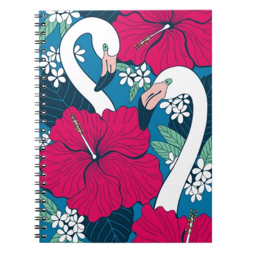 Tropical Flamingos Hibiscus Plumeria Background Notebook