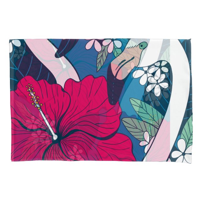 Tropical Flamingos: Hibiscus Plumeria Background. Pillow Case (Front)