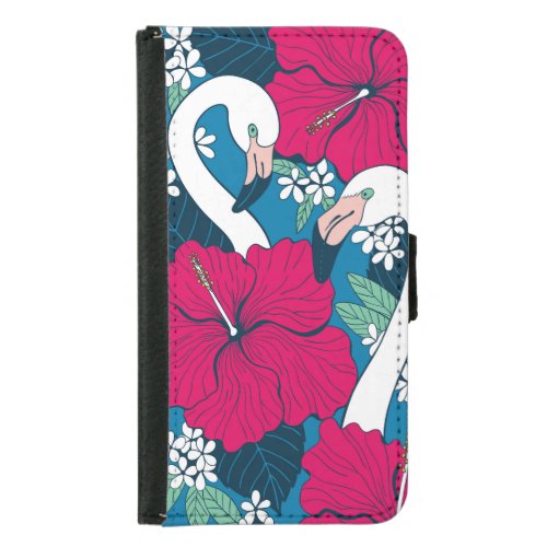 Tropical Flamingos Hibiscus Plumeria Background Samsung Galaxy S5 Wallet Case
