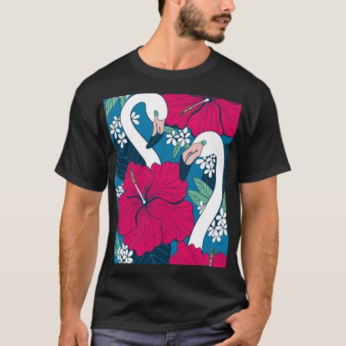 Tropical Flamingos Hibiscus Plumeria Background T_Shirt
