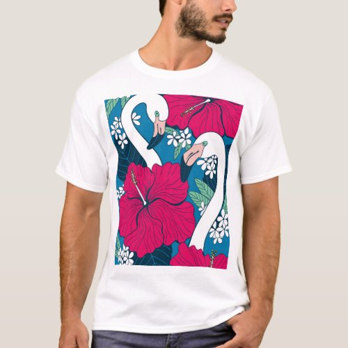Tropical Flamingos Hibiscus Plumeria Background T_Shirt