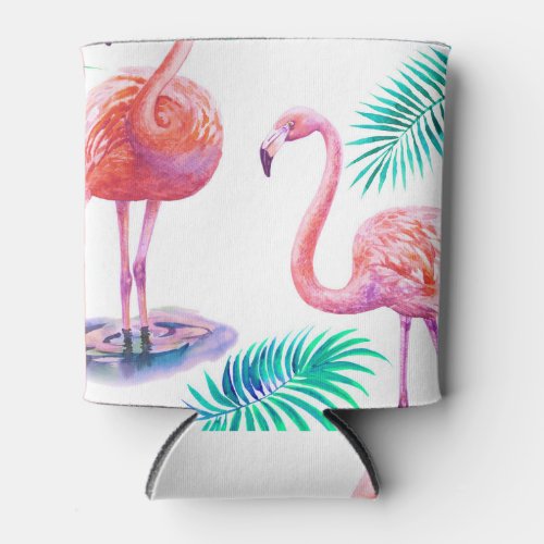 Tropical Flamingos Orchids Watercolor Seamless Can Cooler