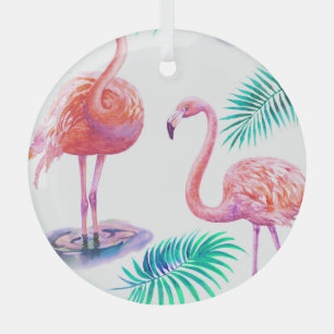 Tropical Flamingos: Orchids Watercolor Seamless. Glass Ornament