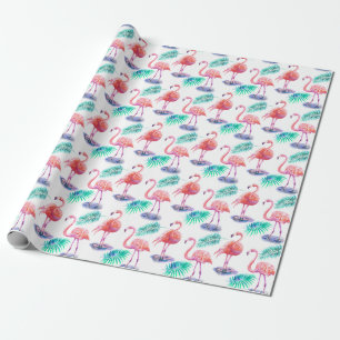 Tropical Flamingos: Orchids Watercolor Seamless. Wrapping Paper