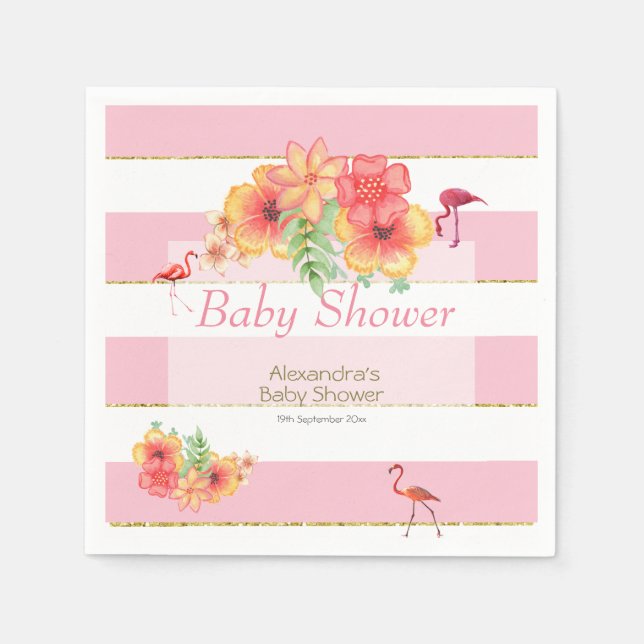 Tropical Flamingos Pink Stripe Baby Shower Napkins (Front)
