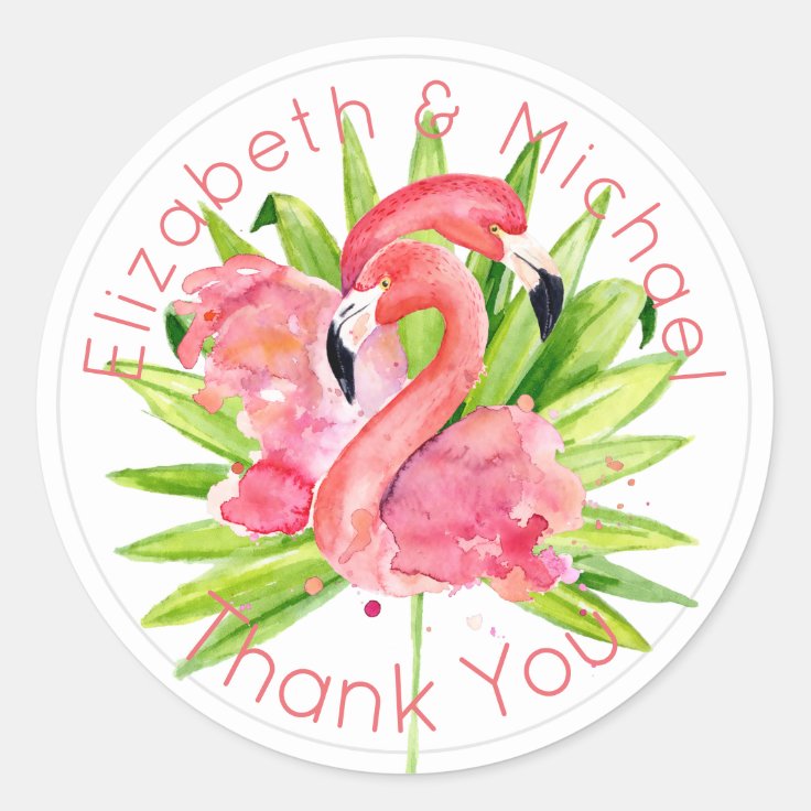 Tropical Flamingos Pink Thank You Favor Packaging Classic Round Sticker ...