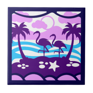 Tropical Flamingos Purple Palm Trees Pink Clouds Ceramic Tile