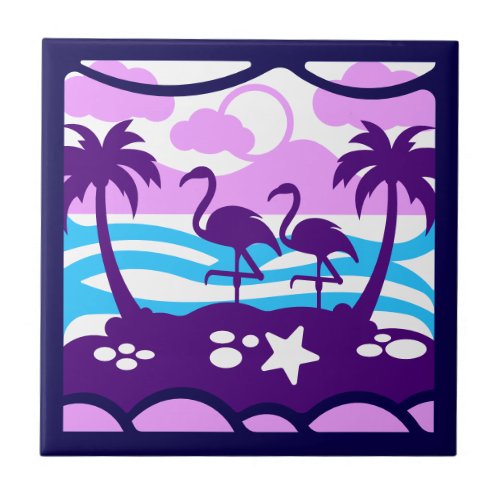 Tropical Flamingos Purple Palm Trees Pink Clouds Ceramic Tile