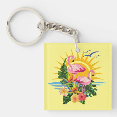 Tropical Flamingos Sunshine and Flowers Acrylic  Keychain