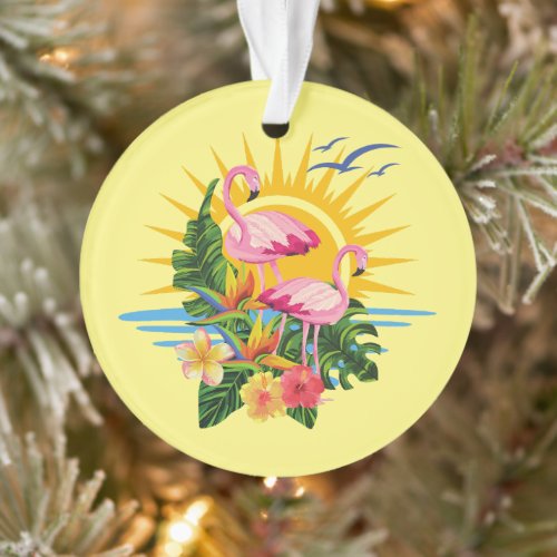 Tropical Flamingos Sunshine and Flowers Acrylic Ornament