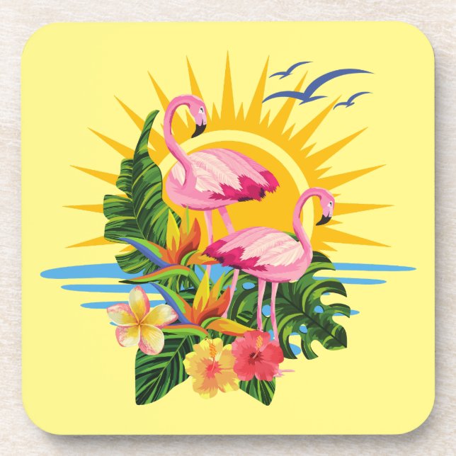 Tropical Flamingos Sunshine and Flowers Beverage Coaster (Front)