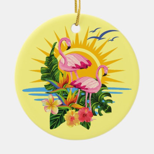Tropical Flamingos Sunshine and Flowers Ceramic Ornament