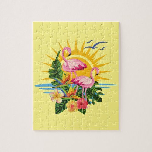 Tropical Flamingos Sunshine and Flowers Jigsaw Puzzle