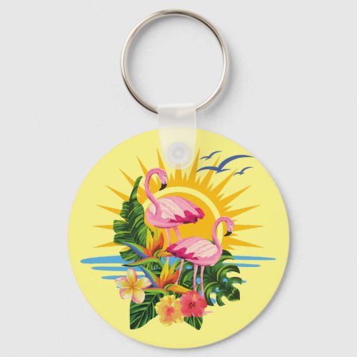 Tropical Flamingos Sunshine and Flowers Keychain