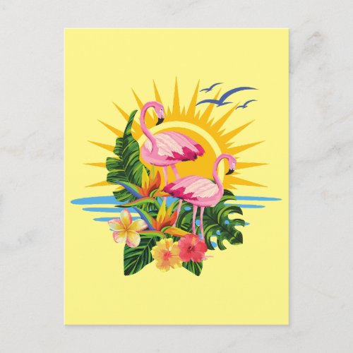 Tropical Flamingos Sunshine and Flowers Postcard