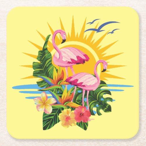 Tropical Flamingos Sunshine and Flowers Square Paper Coaster