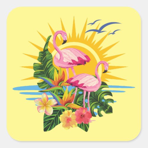 Tropical Flamingos Sunshine and Flowers  Square Sticker