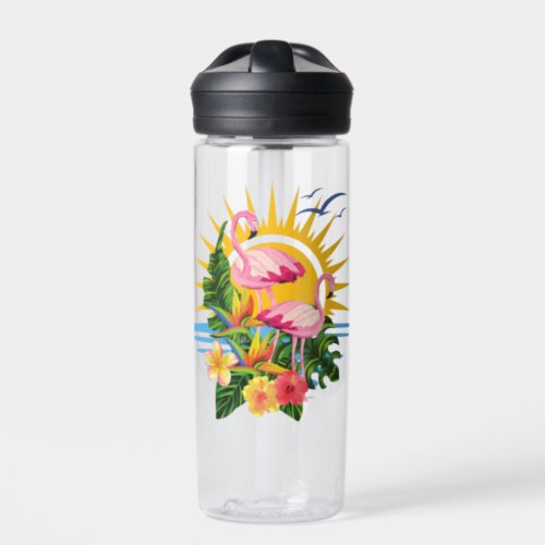 Tropical Flamingos Sunshine and Flowers Water Bottle