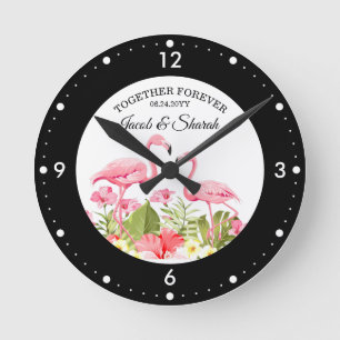 Tropical Flamingos Wedding Invitation Template. Round Clock
