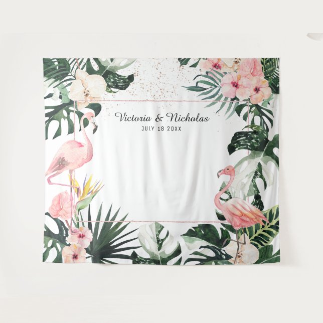 Tropical Flamingos Wedding Photo Booth Backdrop (Front (Horizontal))