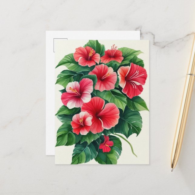 Tropical Flora Light Red Hibiscus Postcard (Front/Back In Situ)