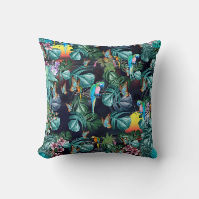 Tropical Flora Paradise at Sunset Throw Pillow (Front)