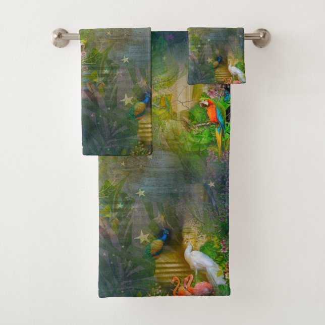 Tropical Flora Paradise & Parrots Bath Towel Set (Insitu)