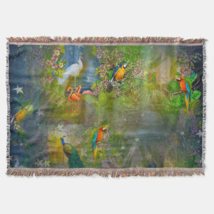 Tropical Flora Paradise & Parrots Throw Blanket
