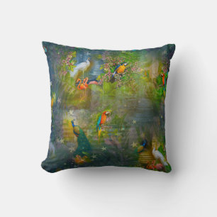 Tropical Flora Paradise & Parrots Throw Pillow