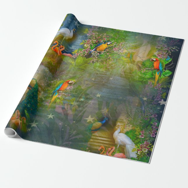 Tropical Flora Paradise & Parrots Wrapping Paper (Unrolled)