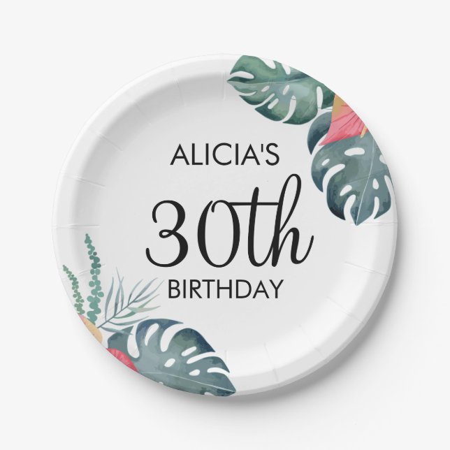 Tropical Flora Pink Anthurium & Monstera Birthday Paper Plates (Front)