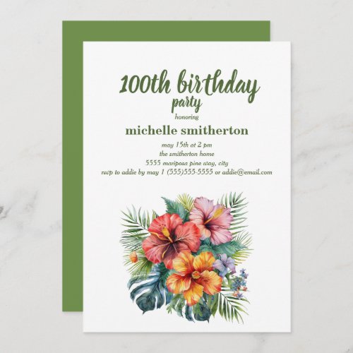 Tropical Floral 100th Birthday Invitation