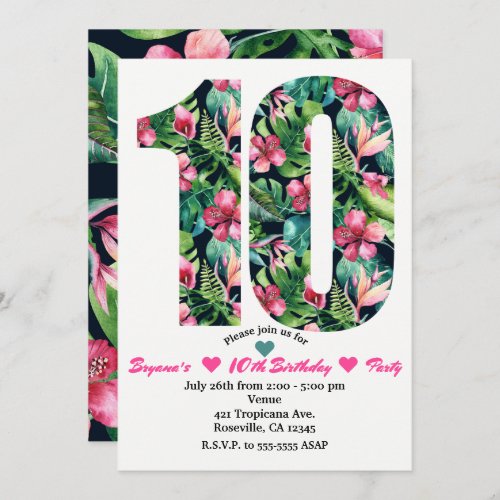 Tropical Floral 10 10th Birthday Party Invitations