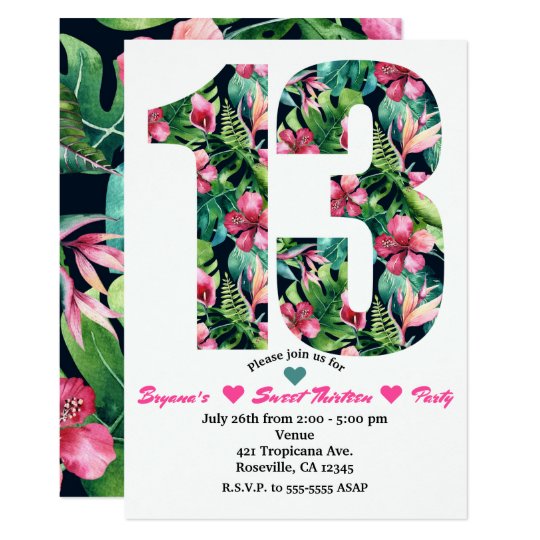 Tropical Floral 13 13th Birthday Party Invitation Zazzle Com