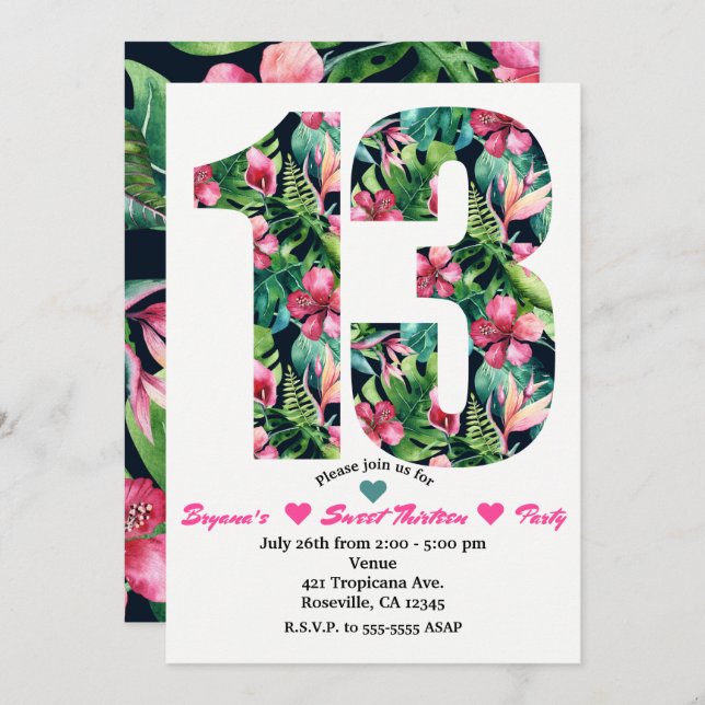 Tropical Floral 13 13th Birthday Party Invitation (Front/Back)