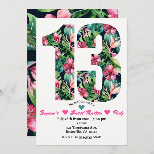 Tropical Floral 13 13th Birthday Party Invitation