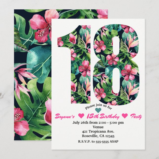 Tropical Floral 18 18th Birthday Party Invitation (Front/Back)