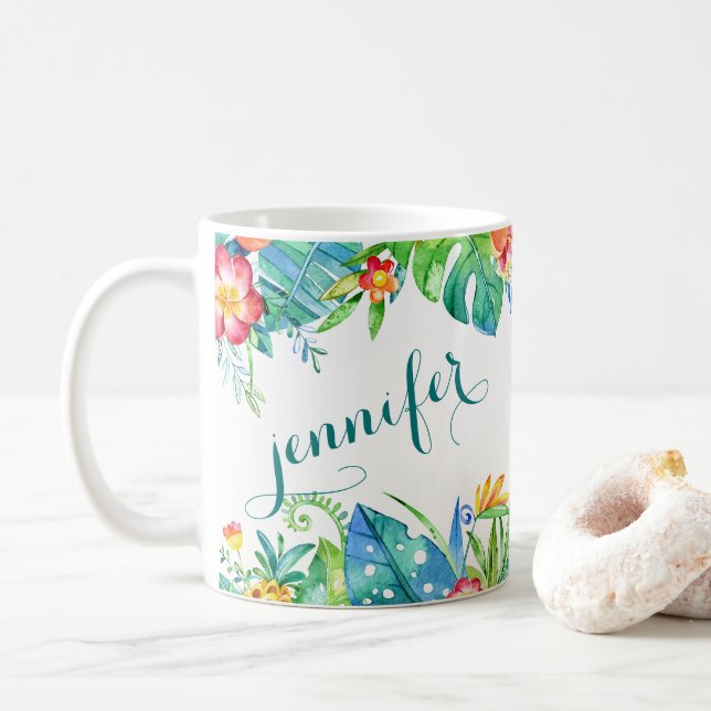 Tropical Floral 2-sided Custom Name Coffee Mug (With Donut)