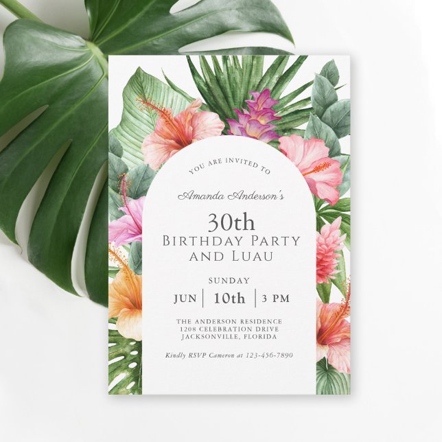 Tropical Floral 30th Birthday Party and Luau Invitation (Available in both printed and digital download formats.)