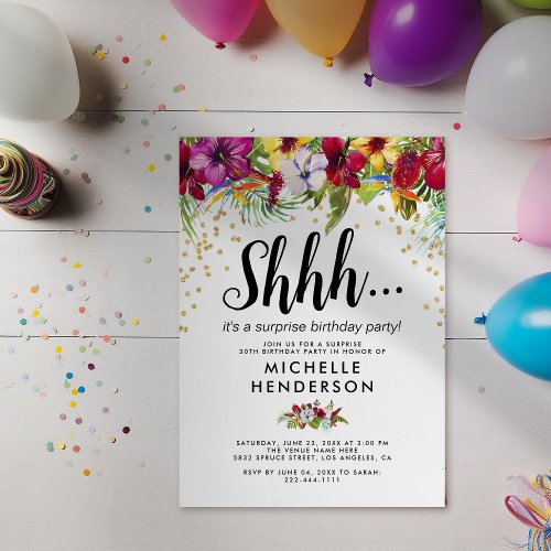 Tropical Floral Adult Surprise Birthday Party Invitation