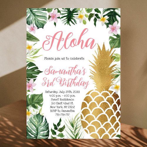 Tropical Floral Aloha Birthday Gold Pineapple Invitation