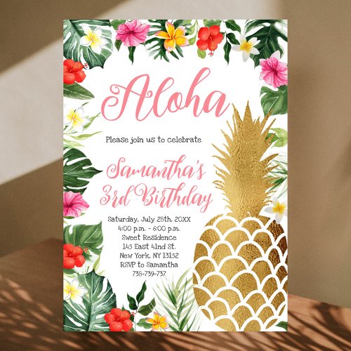 Tropical Floral Aloha Birthday Luau Hawaiian Party Invitation