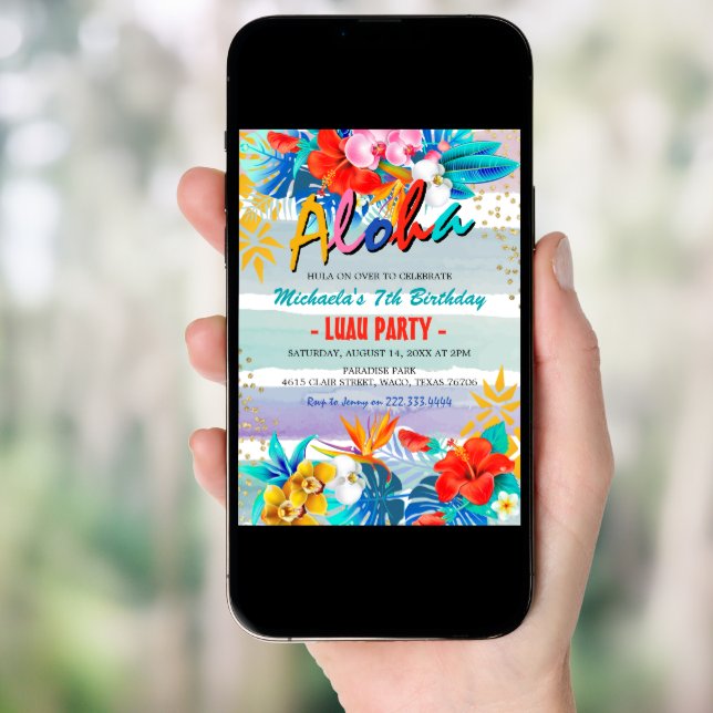 Tropical Floral Aloha Luau Birthday Party Invitation (Front Digital)