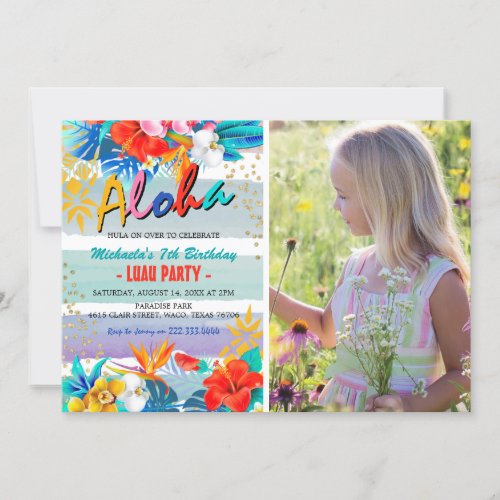 Tropical Floral Aloha Luau Photo Birthday Party Invitation