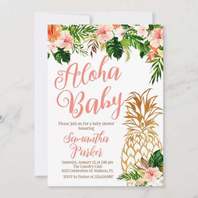 Tropical Floral Aloha Pineapple Baby Shower Invitation (Front)