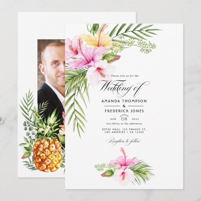 Tropical Floral Aloha Wedding Photo Invitation (Front/Back)
