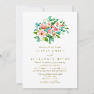 Tropical Floral and Gold wedding Invitation